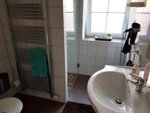 a bathroom with a sink and a shower and a toilet at Ferienwohnung Conny in Winsen