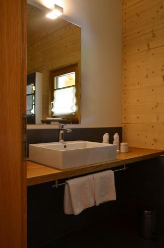a bathroom with a white sink and a mirror at ZeiTraum Ferienwohnung Rohrhardsberg in Elzach