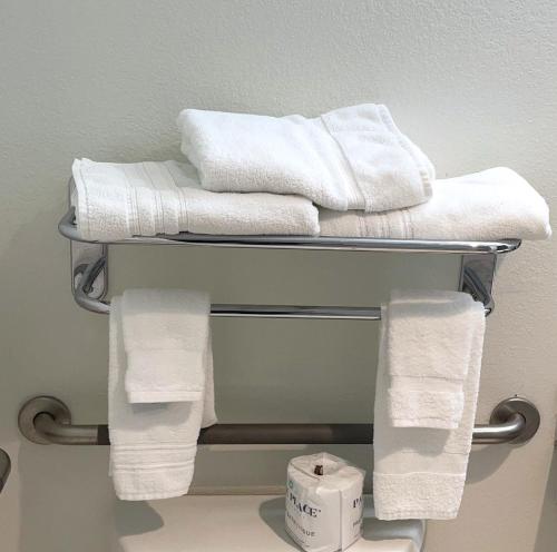 a pile of towels on a towel rack in a bathroom at Ramada by Wyndham Waupaca in Waupaca