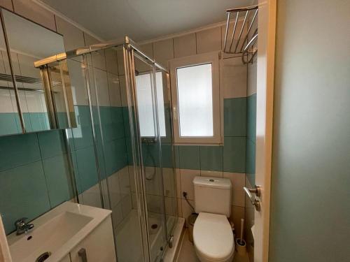 a bathroom with a toilet and a shower and a sink at Lujoso apartamento Oasis con piscina a 50 metros de la playa y pueblo de Denia in Denia