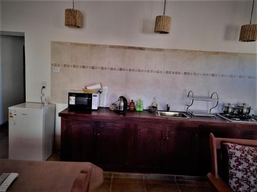 a kitchen with a counter with a microwave and a refrigerator at Casa de CAMPO HUAKA HUASY in Cachí