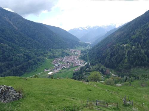 a view of a valley with a town in the mountains at Un balcone sulla Val di Pejo in Peio