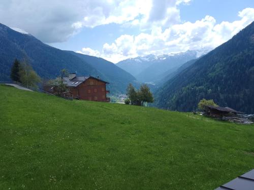 a green field with a house on a hill with mountains at Un balcone sulla Val di Pejo in Peio