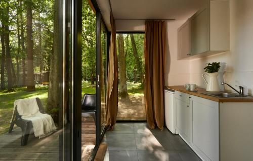 a kitchen with a view of a yard with trees at Kaletka - cisza i przyroda in Iława