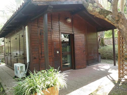 un edificio de madera con una puerta y algunas plantas en CHALET con spiaggia privata, en Bracciano