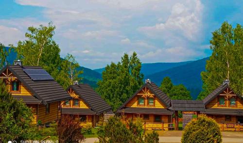 une maison en rondins avec des panneaux solaires sur son toit dans l'établissement TOŁHAJÓWKA, à Strzebowiska