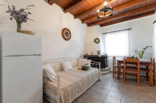 1 dormitorio con 1 cama, mesa y nevera en Ktima Dimitrios en Naxos