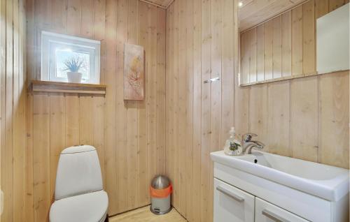 uma casa de banho com um lavatório branco e um WC. em Nice Home In Nakskov With 3 Bedrooms, Sauna And Internet em Knubbeløkke