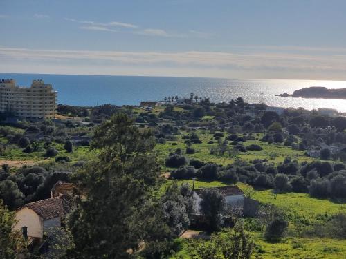uma vista para um campo verde e para o oceano em Apartamento da Praia com jacuzzi em Portimão