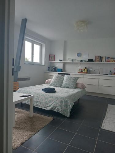 a bedroom with a bed and a kitchen at Roubaix près Lille, un cocon en plein centre in Roubaix