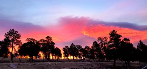 a sunset with a group of trees in a field at High Sierra Condominiums in Ruidoso