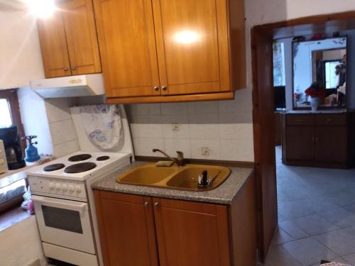 a kitchen with a sink and a stove at Akis Apartments in Mariaí