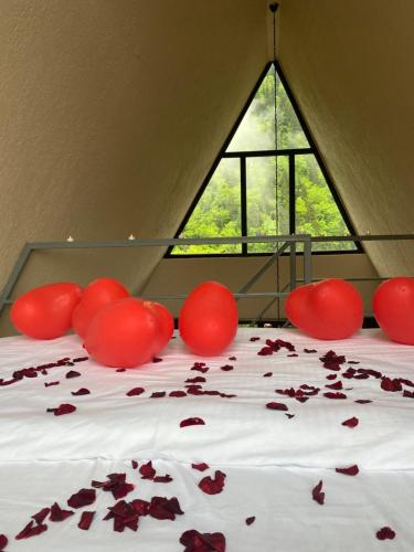 a bed with red decorations on it with flowers on it at Landhaus Borjomi in Borjomi