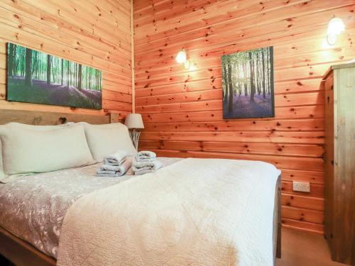 a bedroom with a bed in a log cabin at Gisburn Forest Lodge in Skipton