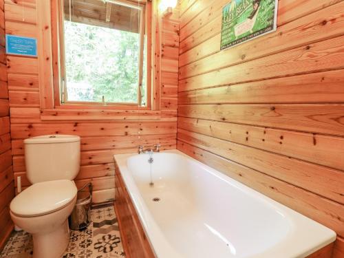 a wooden bathroom with a tub and a toilet at Gisburn Forest Lodge in Skipton