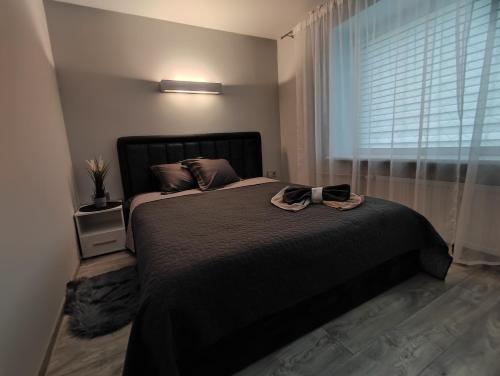 a bedroom with a bed with a black blanket and a window at Miesto šviesų apartamentai Telšiuose in Telšiai