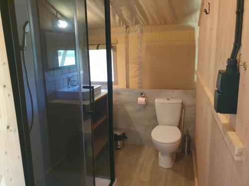 une petite salle de bain avec toilettes et lavabo dans l'établissement Luxury Safari Tents at Moulin Du Pommier Glamping & Camping, à Saulgond