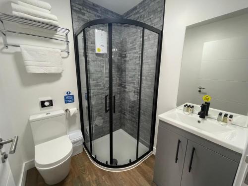 a bathroom with a shower and a toilet and a sink at The Corner Rooms at The Black Horse Inn in Spennymoor