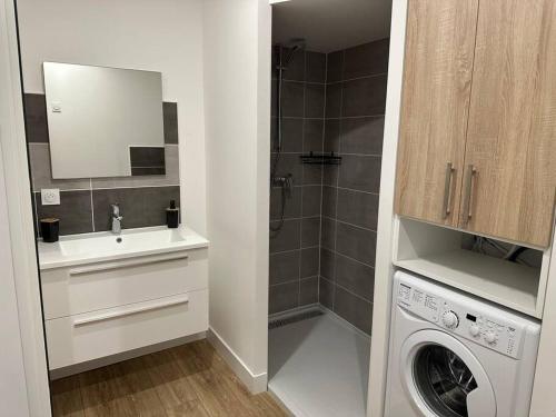 a bathroom with a sink and a washing machine at Chez Gaëlle in Trèbes