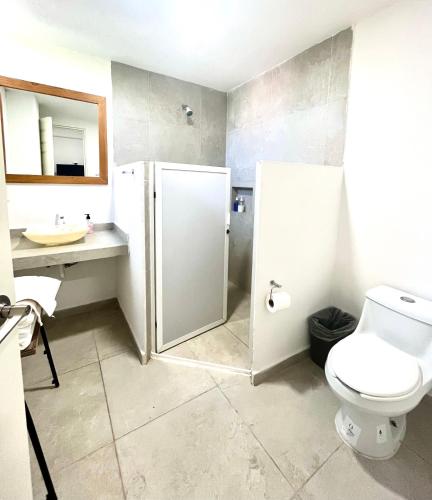 a bathroom with a toilet and a sink and a shower at Gran Palma Residencial in Acapulco