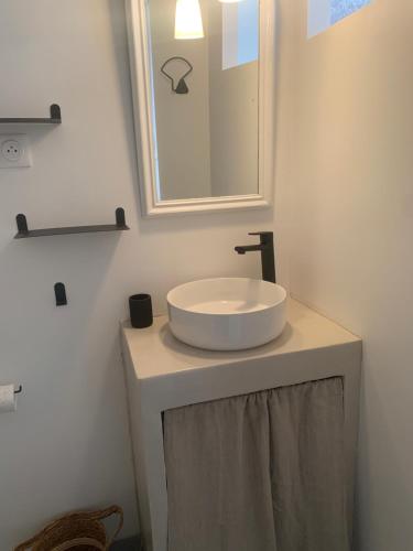 a bathroom with a white sink and a mirror at Les Chambres du Verger in Amiens