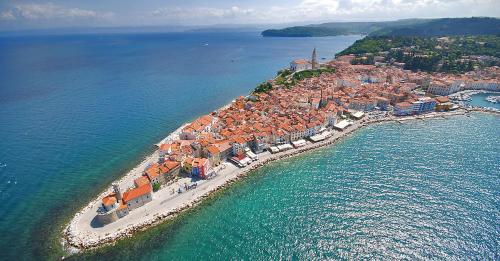 an aerial view of a small island in the water at Apartmani DA in Piran