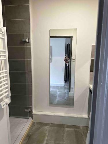 une personne prenant une photo d'un miroir dans une salle de bains dans l'établissement La Casa de Gaëlle 2, à Trèbes
