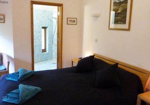 a bedroom with a black bed with blue pillows at Hafan Myrddin in Llandovery