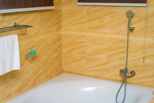 a bathroom with a shower with a bath tub at Midindi Hotel in Accra