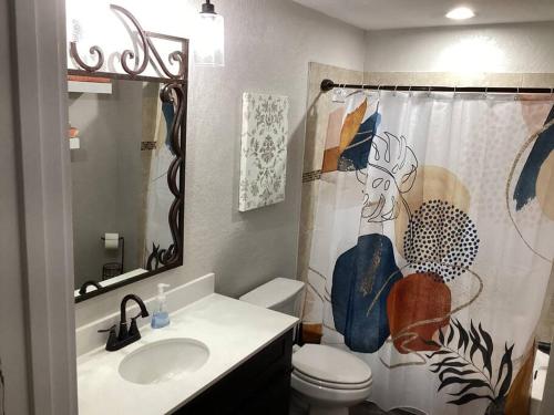 a bathroom with a sink and a toilet and a shower curtain at Train Depot - 3 BR Home with Pool, Sand Volleyball & Pool Table in Montgomery