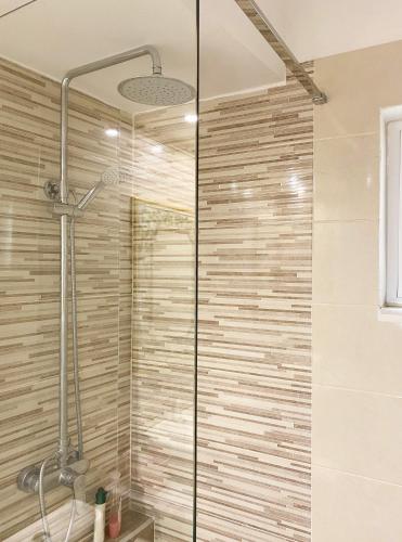 a shower with a glass door in a bathroom at Aegean breeze apartment in Karpathos