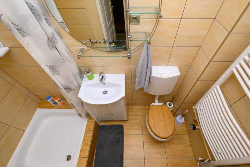 ブダペストにあるTravelers Apartmentのバスルーム(洗面台、トイレ、バスタブ付)