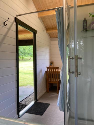 una puerta de cristal a una ducha en una casa en Foxgloves and Fairytales Hut with Hot Tub en Llanwrda