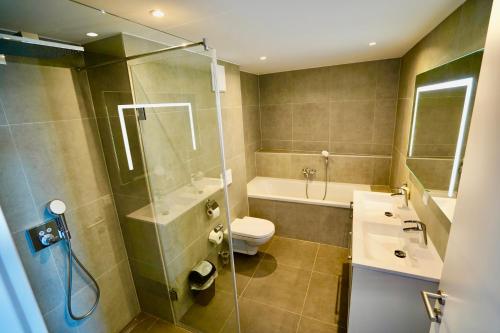 Un baño con inodoro, lavabo y ducha. en DM & S Apartment, en Viena