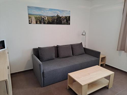 ein Wohnzimmer mit einem Sofa und einem Tisch in der Unterkunft Penzion Na Pohoři in Olešnice