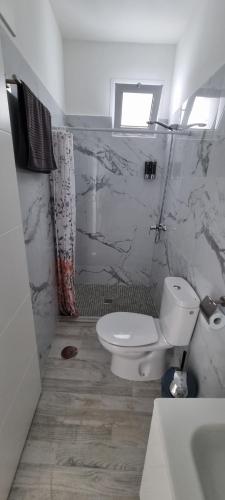 a bathroom with a toilet and a shower and a sink at "Casa Jasmin" 14 Calle Medina Quesada in Tazacorte