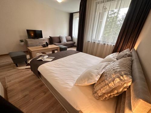 ein Schlafzimmer mit einem großen Bett und ein Wohnzimmer in der Unterkunft Borovets Gardens Studio in Borowez