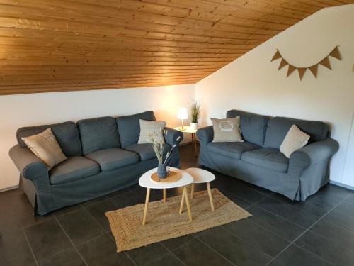 Sala de estar con 2 sofás y mesa en Möwenkoje -klimatisiert- en Alsum