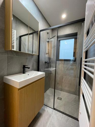 a bathroom with a sink and a shower at Julias Rooftop stay in Knokke-Heist