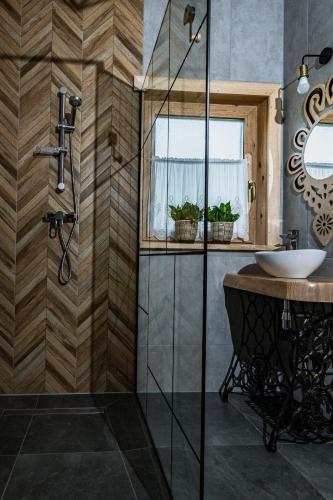 a bathroom with a shower and a sink at Obrochtowa Chata in Kościelisko