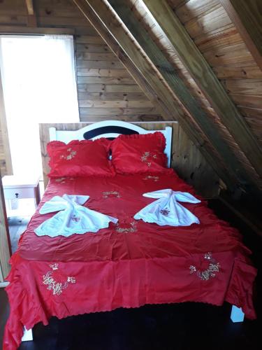 a bedroom with a red bed with red pillows at Cabana Sítio Costãozinho in Bom Retiro