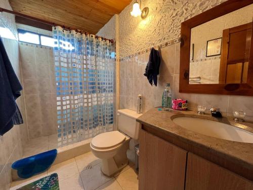y baño con aseo, lavabo y ducha. en Hermoso Refugio en la Laguna de Suesca, en Suesca