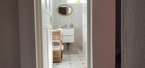 een badkamer met een toilet, een wastafel en een spiegel bij Villa HAVA in Anse-Bertrand