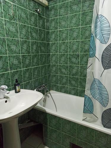 uma casa de banho com azulejos verdes, um lavatório e uma banheira. em 3 кімнатна квартира на вул. Калинова. em Dnipro