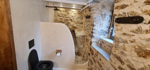 a bathroom with a toilet and a stone wall at Olive oil mill in Kokkala