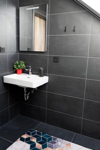 a bathroom with a sink and a mirror at Penzion Smile in Brno