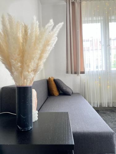 un jarrón con plumas sobre una mesa en la sala de estar en 1 Room Apartment in City of Hannover, en Hannover