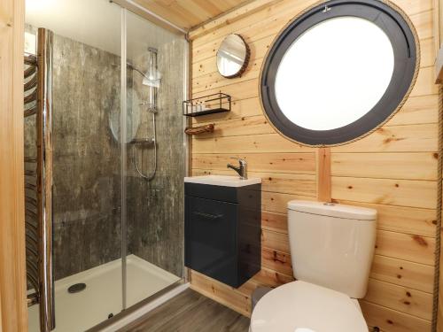 a bathroom with a toilet and a shower and a sink at Offas Dyke Escape in St Asaph