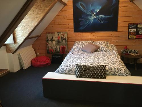 a bedroom with a bed with a spider on the wall at Chez Fred avec vue sur le Château in Angles-sur-lʼAnglin