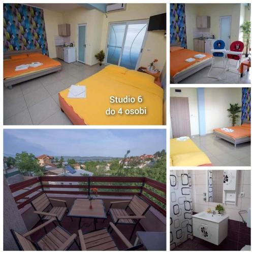 a collage of pictures of a room with a bed and tables at Vila Stefani in Star Dojran